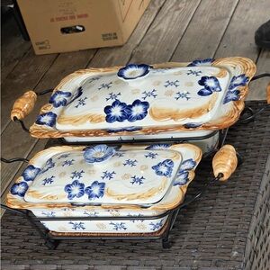 Vintage Floral Ceramic Bakeware Set with Handles
